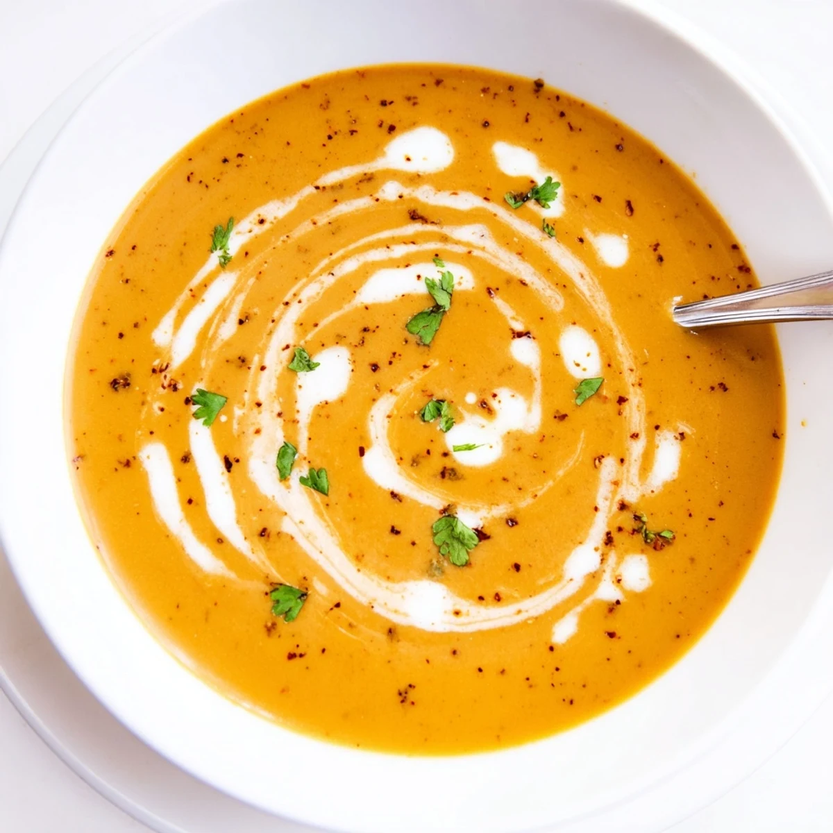 Steaming bowl of spicy apple soup with smooth texture and vibrant autumn colors