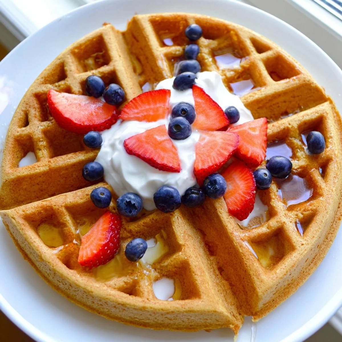 Golden brown Greek Yogurt Waffles with crisp edges stacked on a white plate ready for syrup