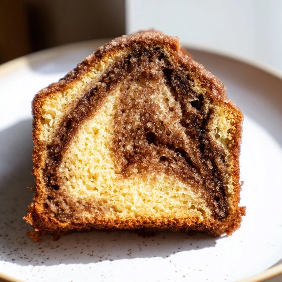Warm slice of cinnamon sugar swirl banana bread showing marbled cinnamon layers on rustic wooden board