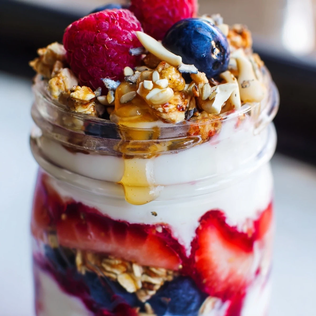 Creamy Greek yogurt parfait layered with fresh berries and crunchy granola in a clear glass