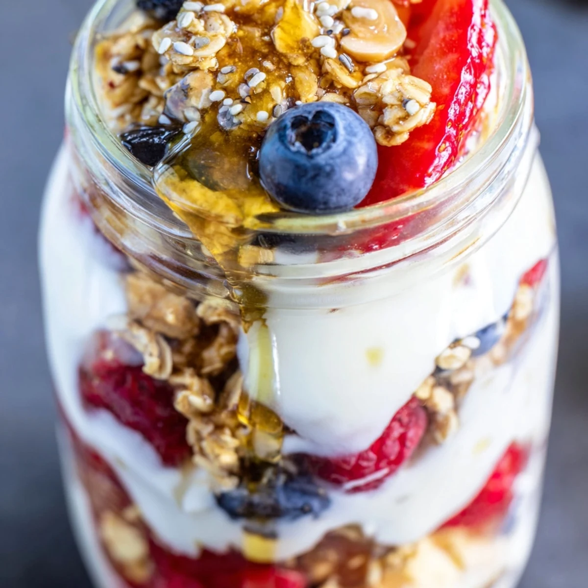 Greek yogurt parfait topped with vibrant mixed berries and golden honey drizzle