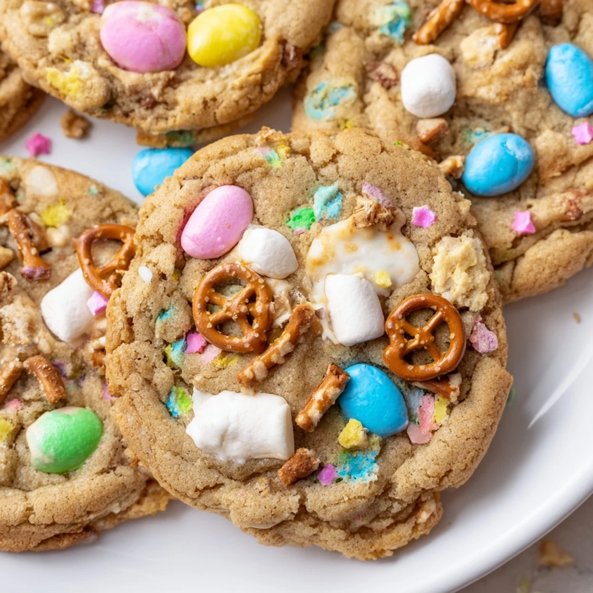 Colorful Easter Trash Cookies loaded with pastel candies, pretzels, and sprinkles on a rustic baking sheet