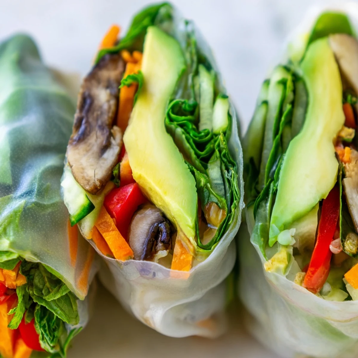 Avocado Shiitake Spring Rolls wrapped in translucent rice paper with colorful fresh vegetables