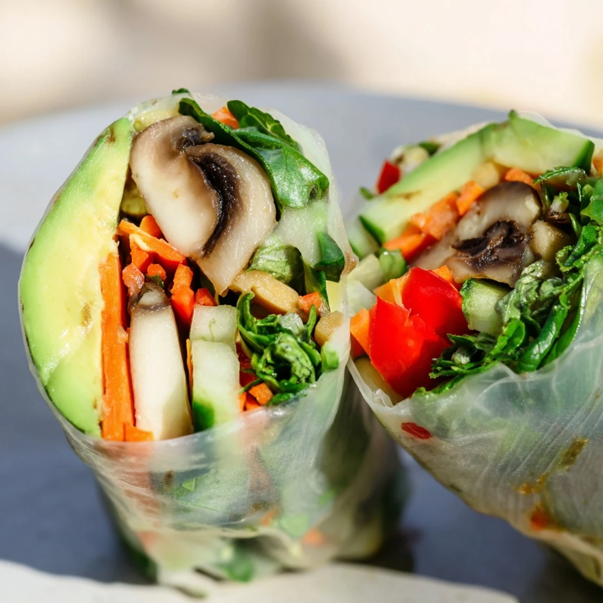 Avocado Shiitake Spring Rolls served with tangy dipping sauce on a white ceramic plate