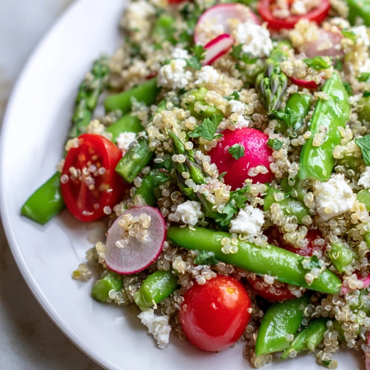 Spring vegetable quinoa salad in a white bowl with fresh herbs and lemon vinaigrette