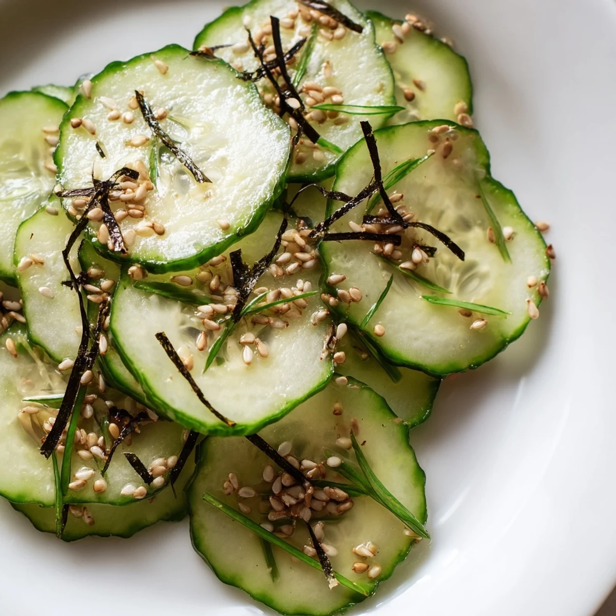 Crisp sushi cucumber salad tossed in tangy rice vinegar with toasted sesame seeds