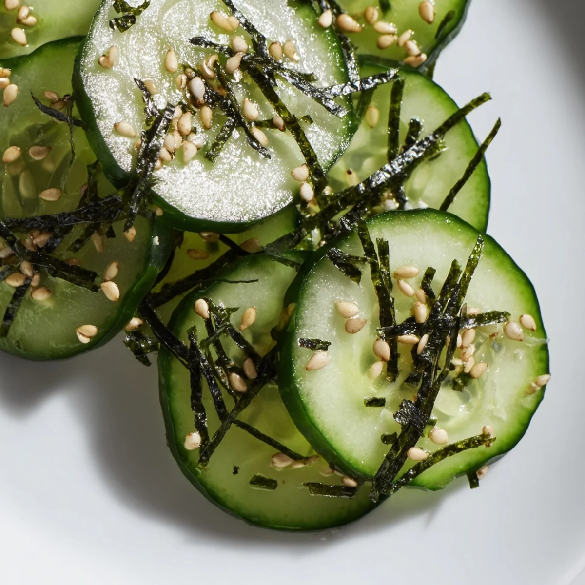Vibrant sushi cucumber salad topped with nori strips and creamy avocado slices