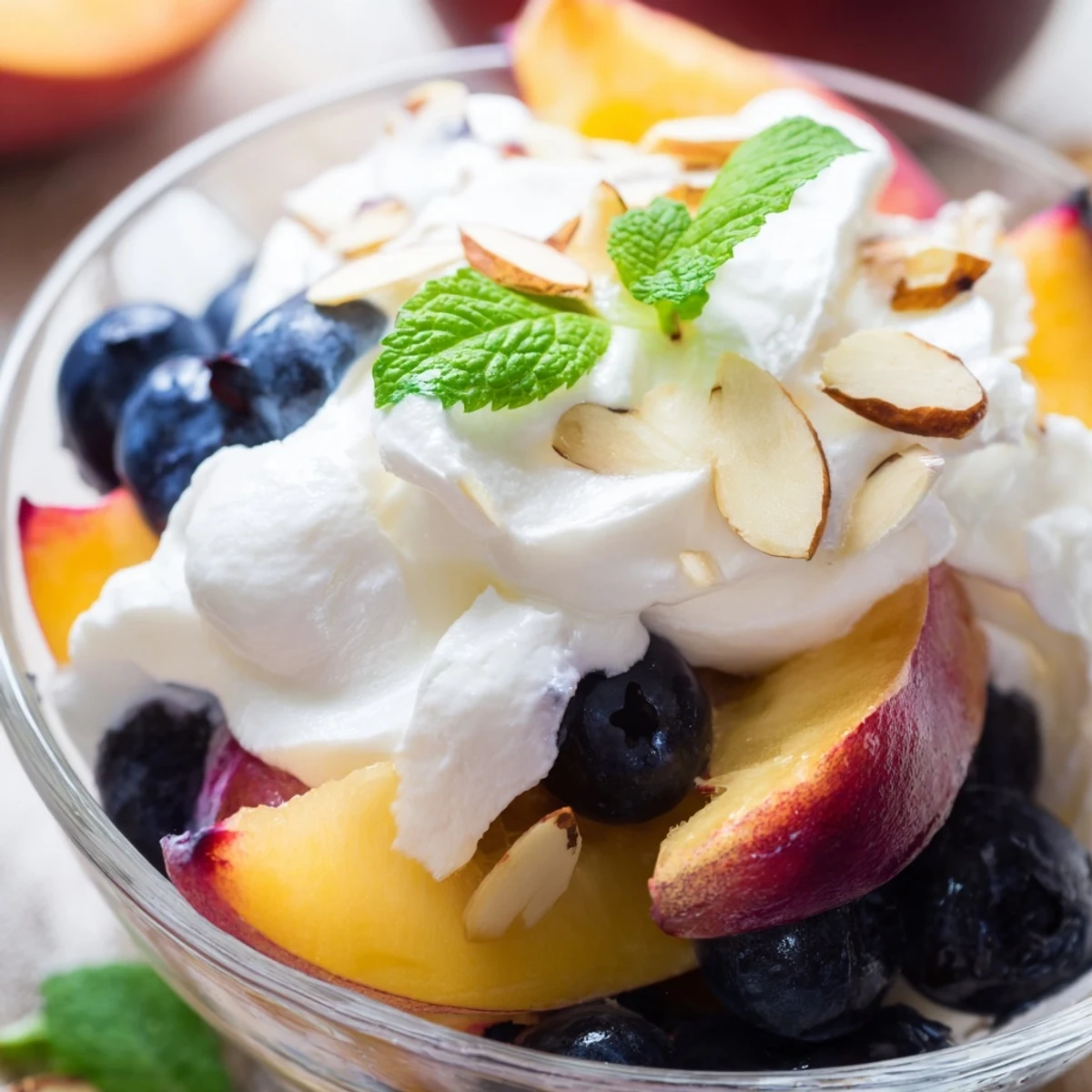 Creamy peaches and cream salad topped with fresh mint leaves in a glass bowl