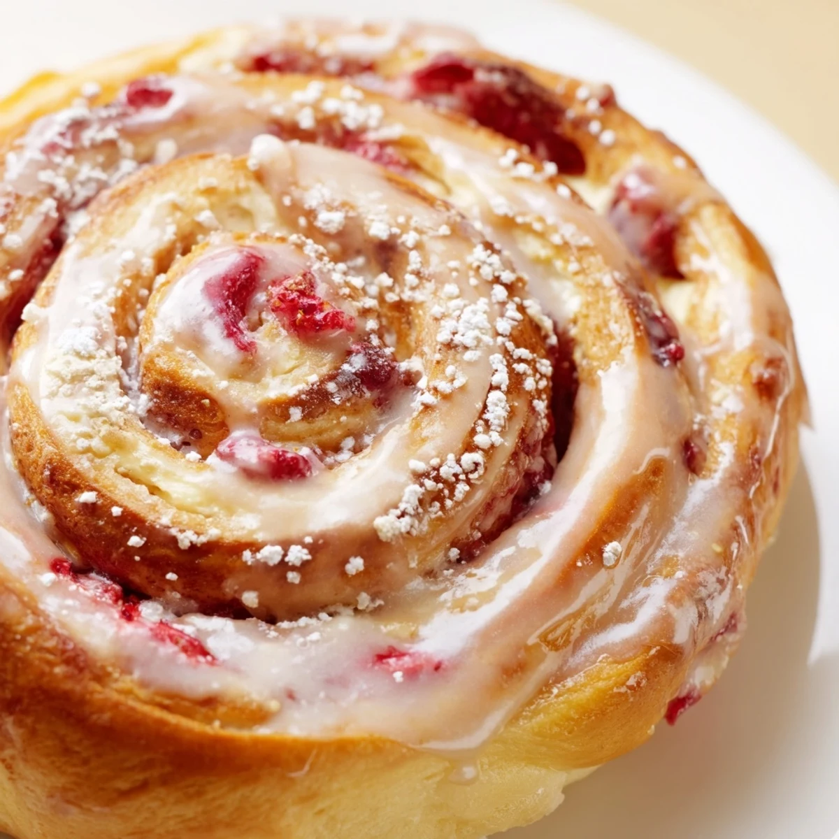 Swirled Strawberry Cheesecake Cinnabon Rings fresh from the oven with pillowy soft dough and glossy icing