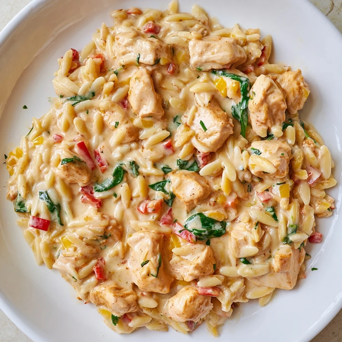 Creamy One Pot Cajun Chicken Alfredo Orzo topped with fresh parsley in a rustic skillet