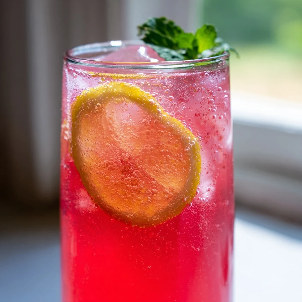 Refreshing honey lemon pink soda served over ice with bright lemon slices and fresh mint garnish