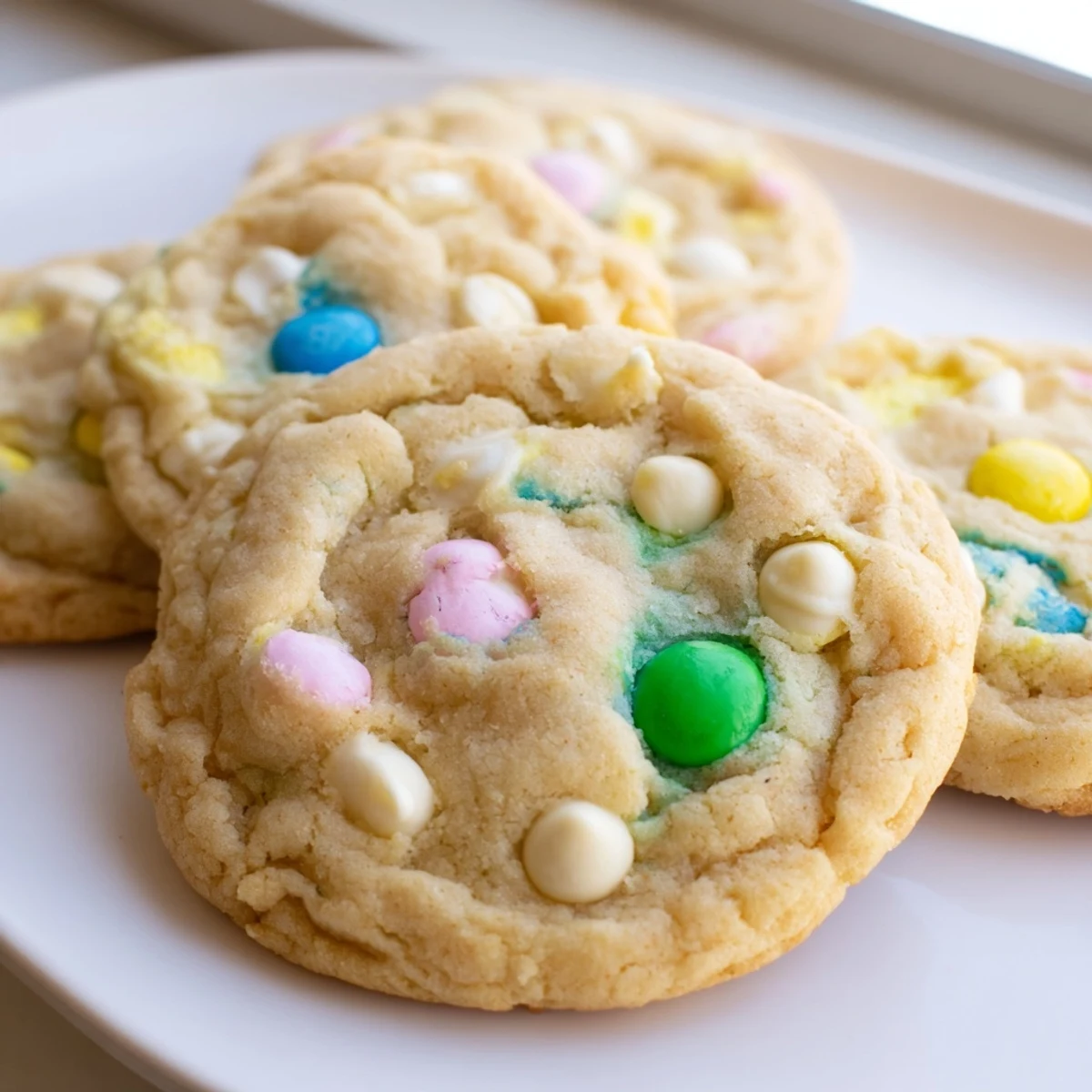 Soft chewy M&M bunny cookies with colorful pastel candies on rustic baking sheet