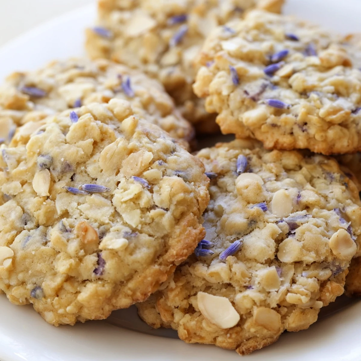 Golden lavender honey crunch cookies with chopped nuts cooling on a rustic baking sheet