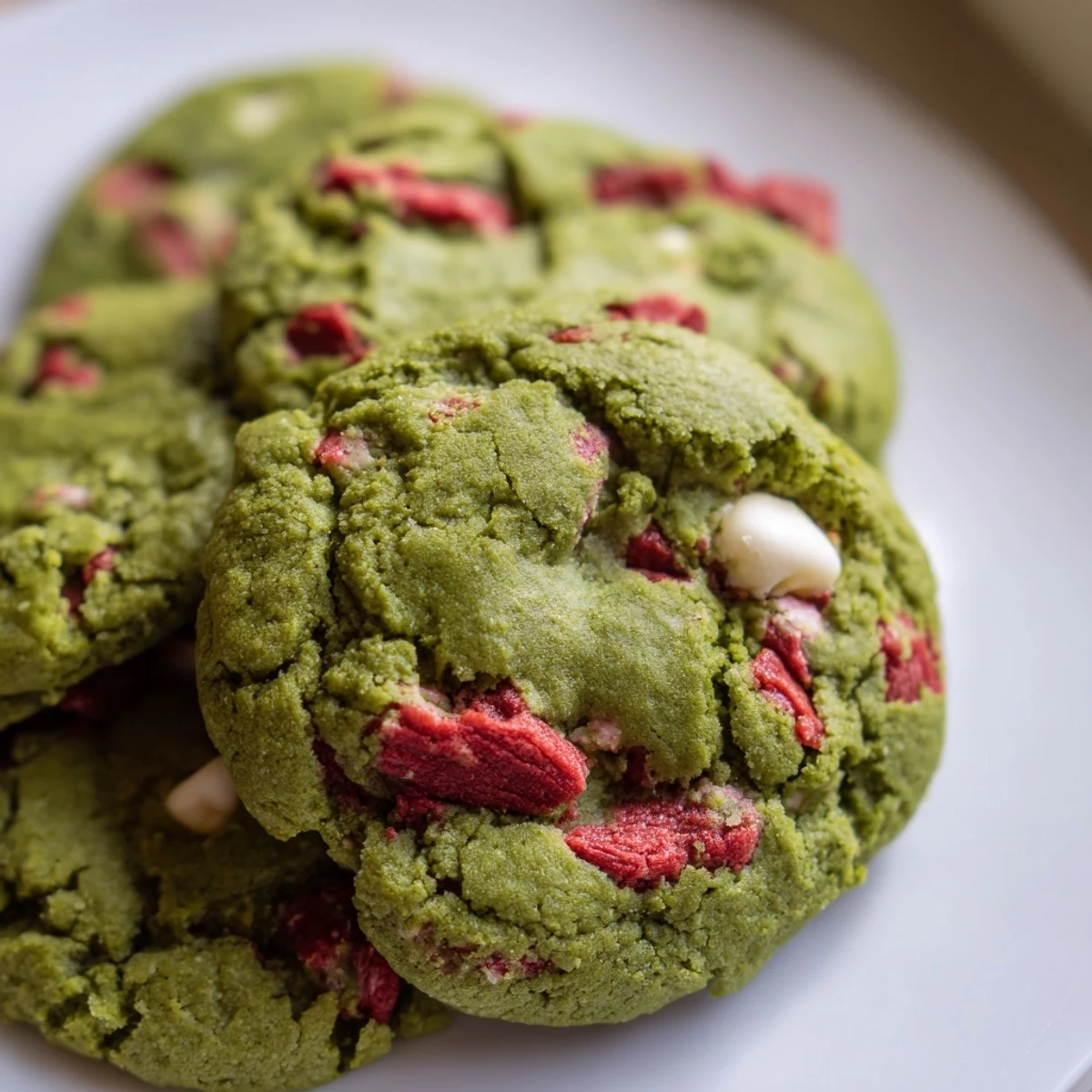 Soft green strawberry matcha cookies with pink fruit pieces scattered on a rustic baking sheet