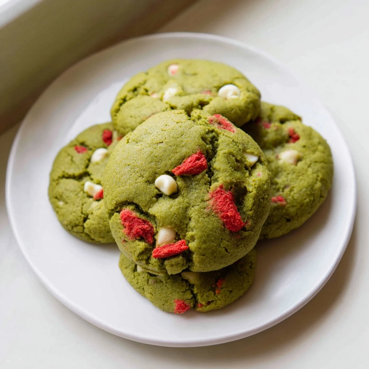 Chewy strawberry matcha cookies with vibrant green dough and white chocolate chips close-up