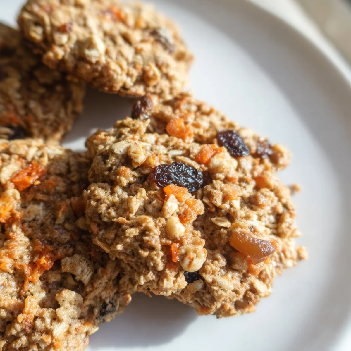 Chewy carrot cake cookies with visible oats and shredded carrots on rustic baking sheet