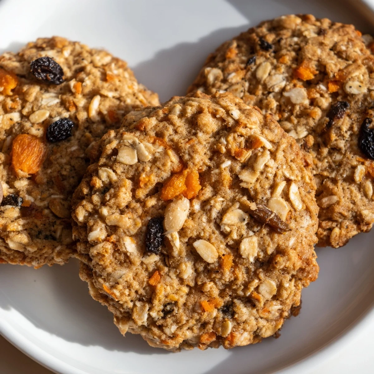 Golden chewy carrot cake cookies studded with walnuts and raisins stacked on plate