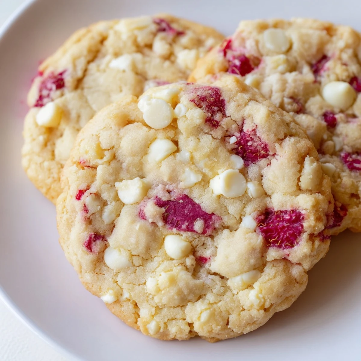 Soft lemon raspberry cookies with golden edges and vibrant red berry pieces on rustic baking sheet