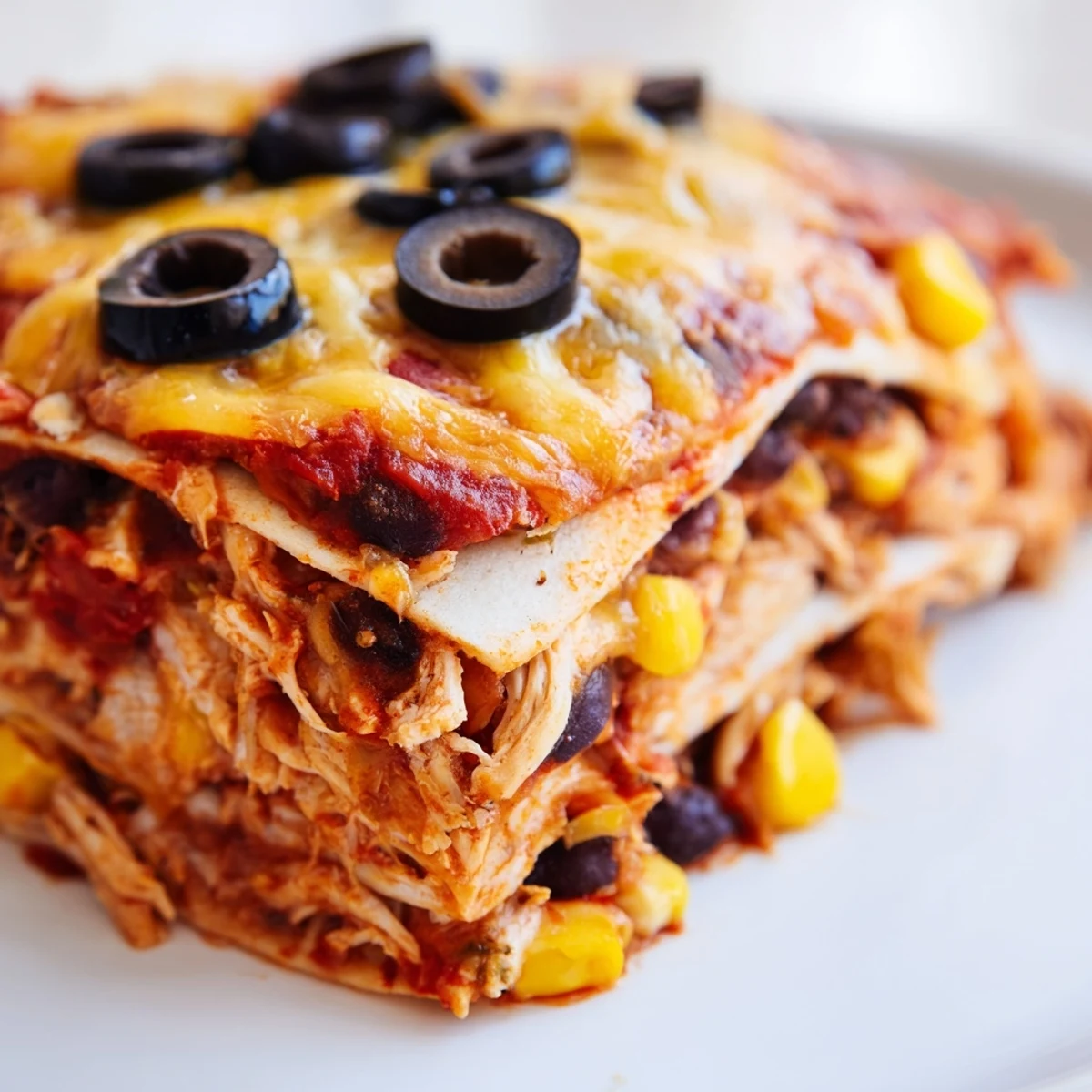 Warm cheesy shredded chicken enchilada bake with melted cheese and black beans in a ceramic dish