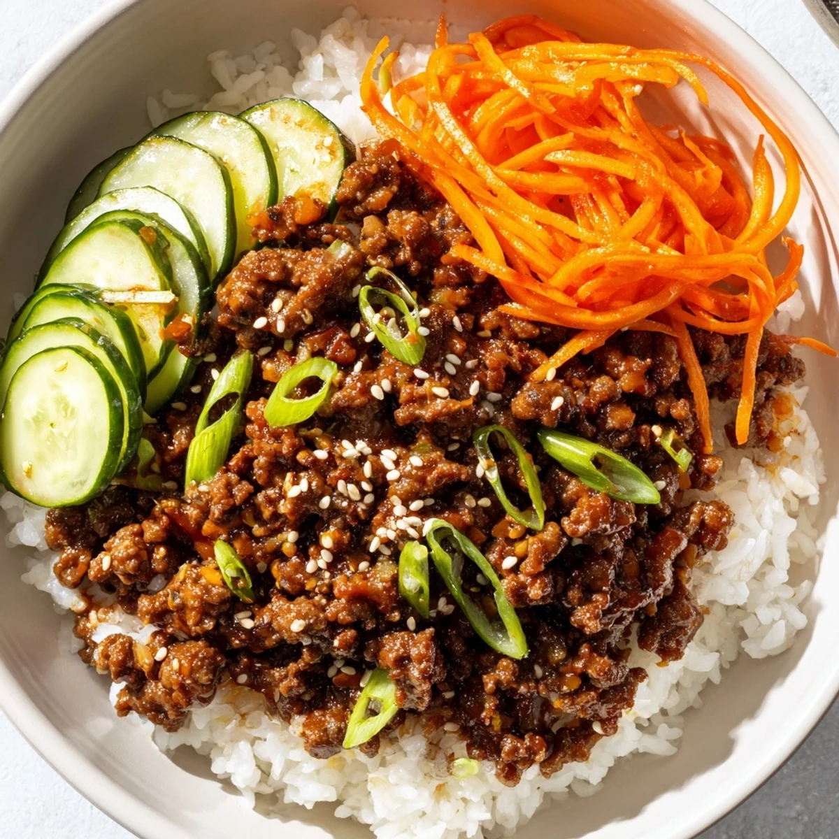 Caramelized Korean beef bowls topped with crisp vegetables and sesame seeds over fluffy white rice