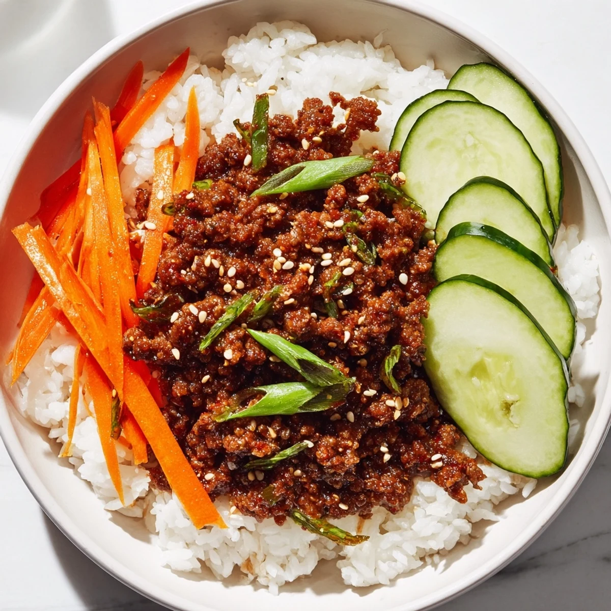Savory Korean beef bowls with tender ground beef fresh cucumbers and steamed jasmine rice