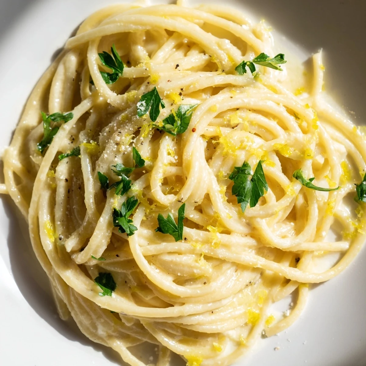 Golden buttery Parmesan Lemon Pasta twirled on a fork with bright citrus zest