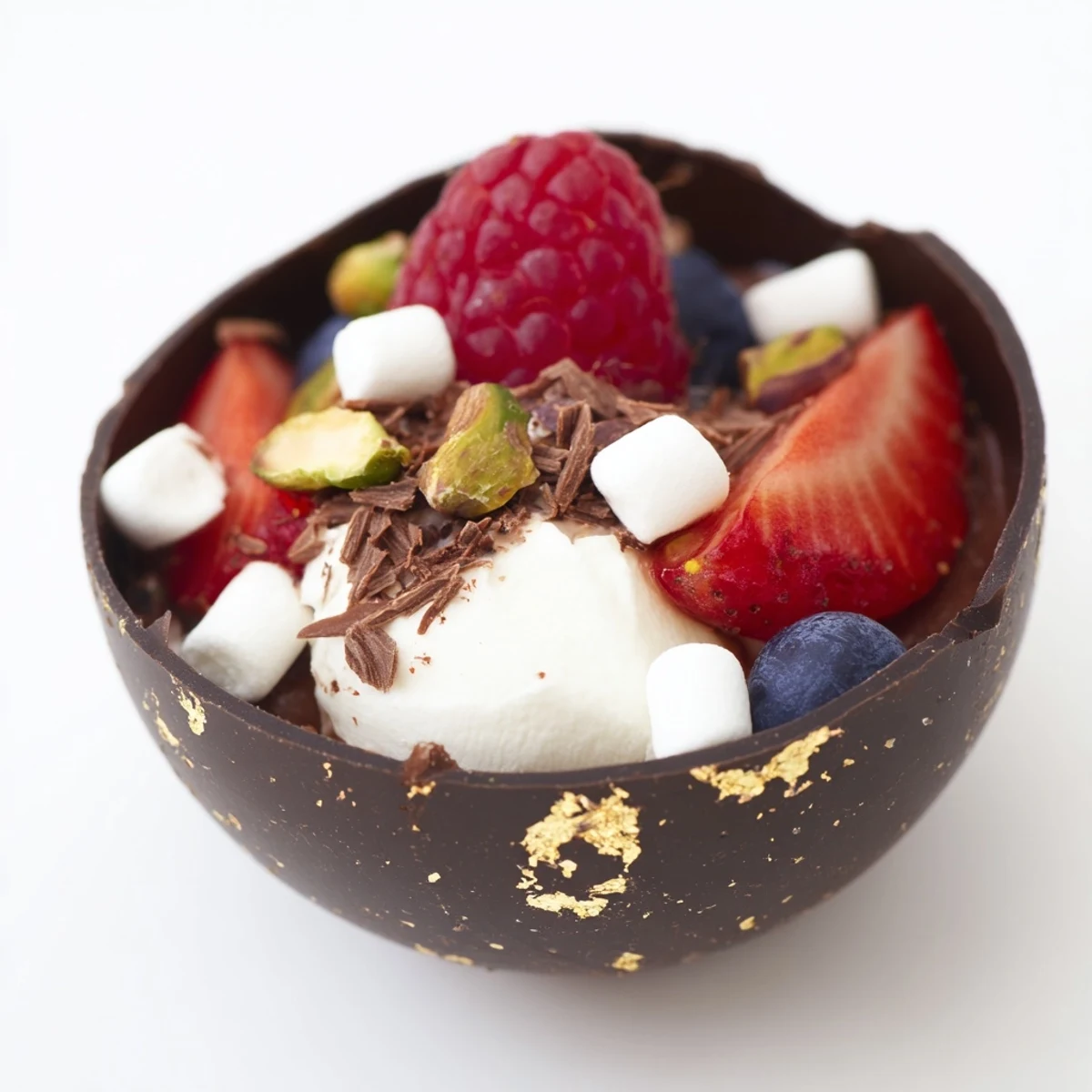 Decadent chocolate cups with fluffy mousse, vibrant berries, and crunchy nut garnishes