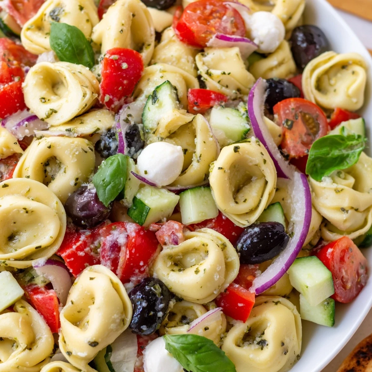 Colorful tortellini salad with cherry tomatoes, cucumber, and mozzarella tossed in zesty Italian dressing