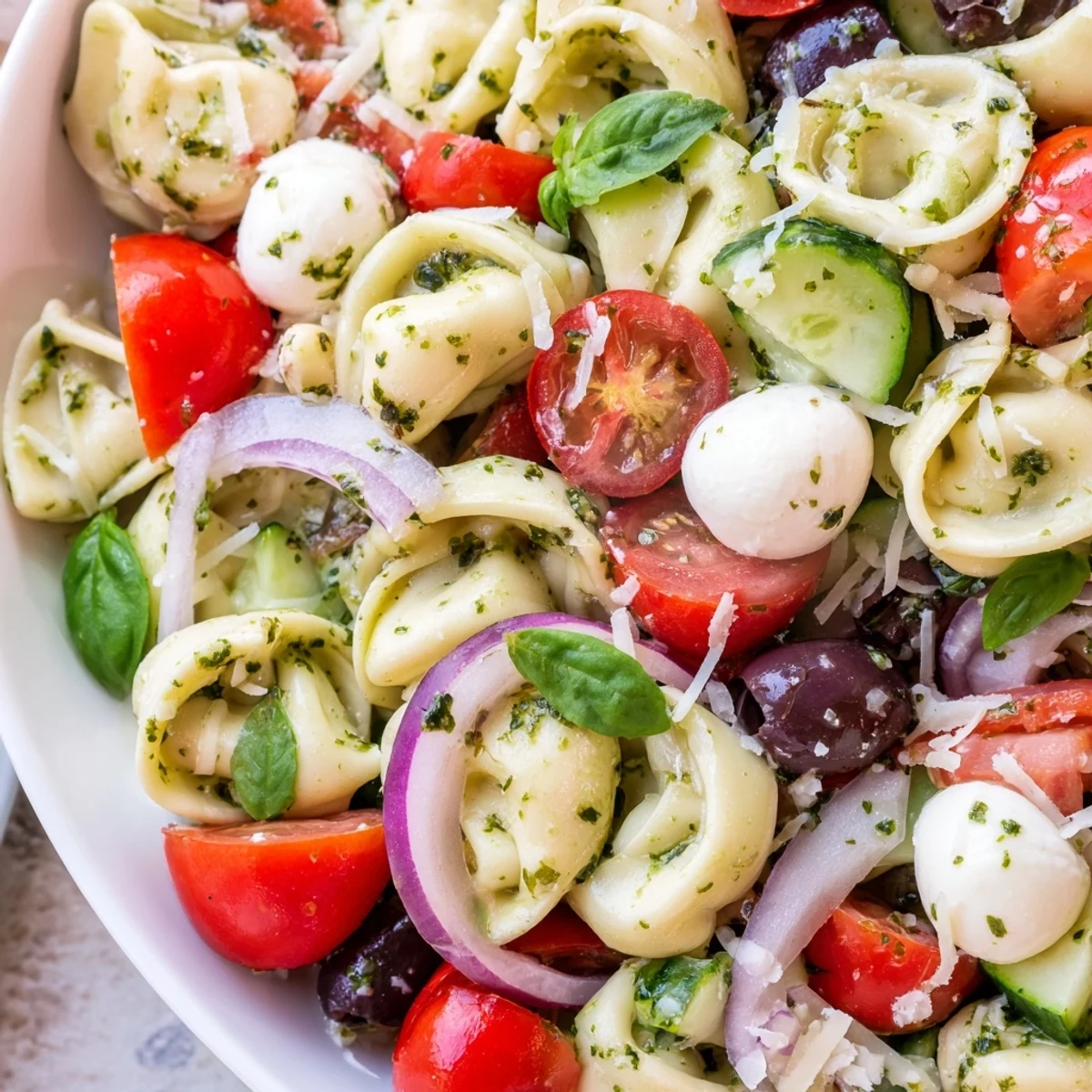 Creamy cheese tortellini salad served in a white bowl with crisp vegetables and fresh basil