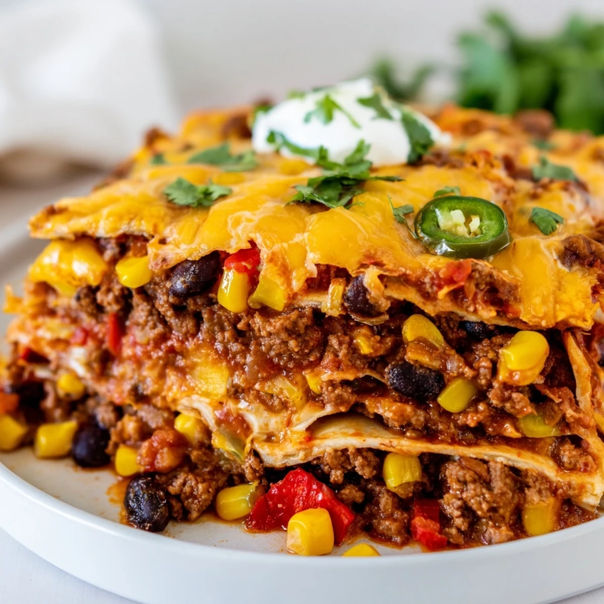 Mexican lasagna bubbling with zesty tomato sauce beans and melted cheddar cheese