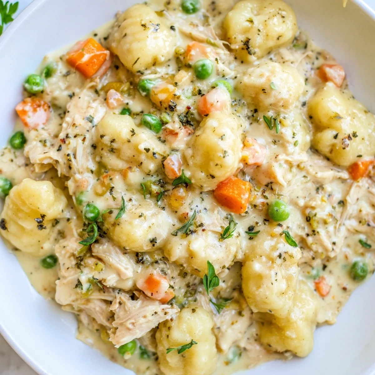Creamy one pot gnocchi chicken pot pie in a rustic Dutch oven with tender vegetables