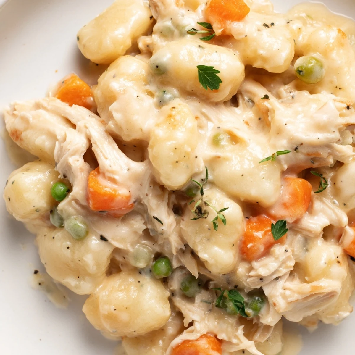 Golden one pot gnocchi chicken pot pie topped with fresh parsley garnish