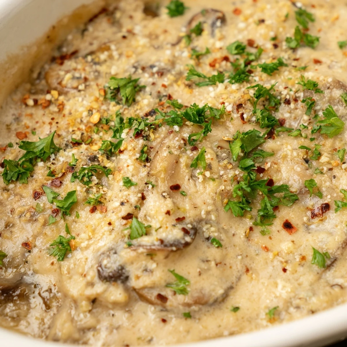 Creamy stuffed mushroom dip bubbling with golden melted cheese in a rustic baking dish