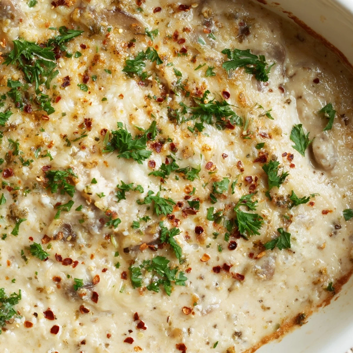 Warm stuffed mushroom dip served with crispy crackers and fresh vegetable sticks