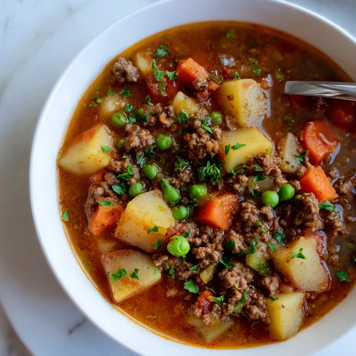 Steaming bowl of ground beef and potato soup with tender chunks and rich broth