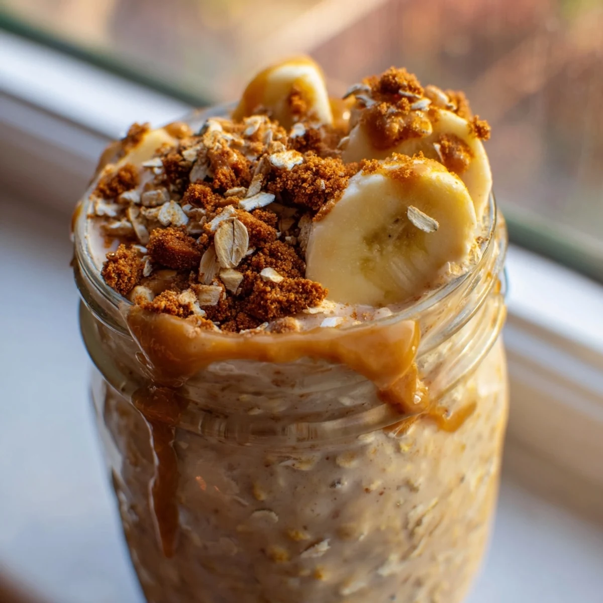 Biscoff overnight oats served chilled with melted cookie butter swirl and crunchy toppings