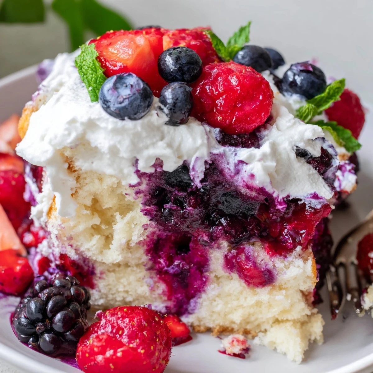 A slice of summer berry poke cake topped with fresh whipped cream and vibrant berries
