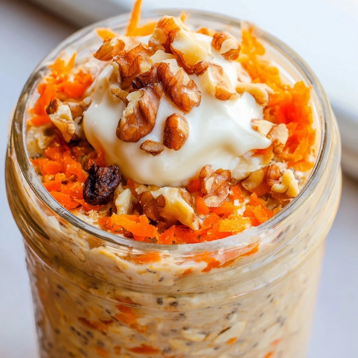 Creamy carrot cake overnight oats topped with walnuts and a swirl of cream cheese frosting