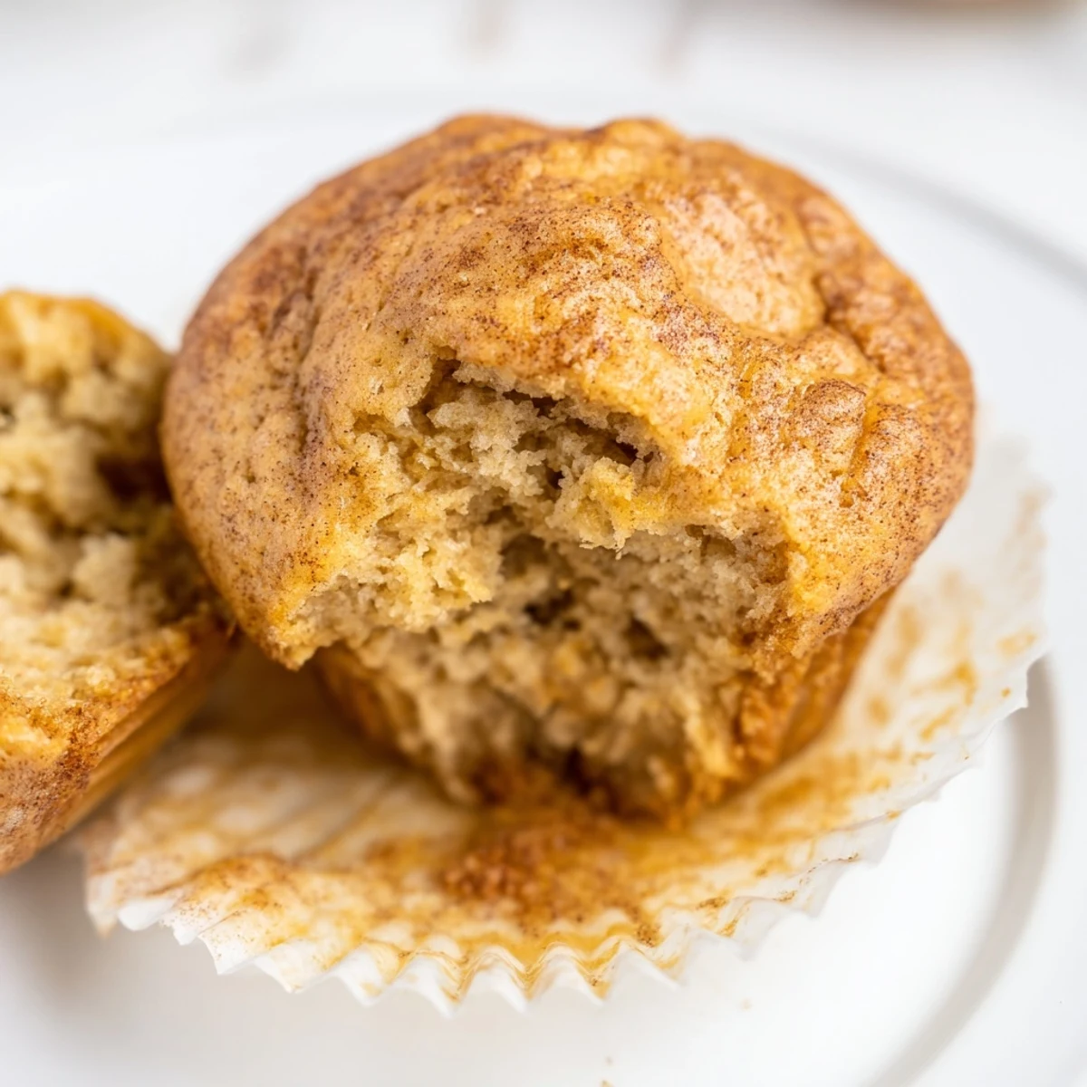 Moist banana muffins arranged on a rustic plate beside fresh ripe bananas