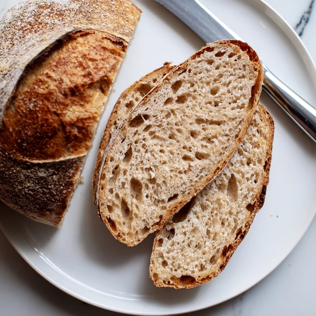 Golden sourdough bread loaf with a crackled crust resting on a rustic cutting board