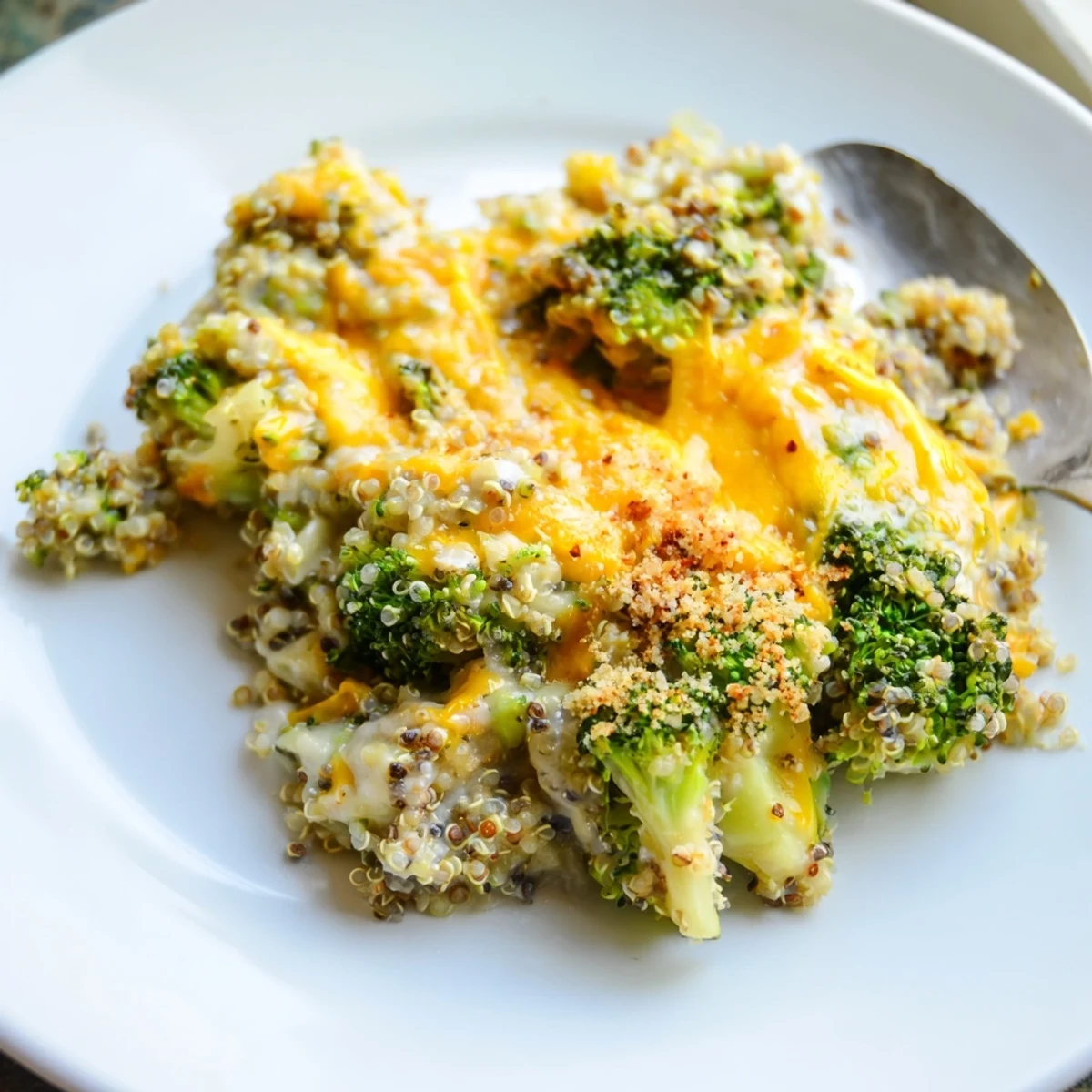 Golden bubbly creamy broccoli quinoa casserole fresh from the oven in a baking dish