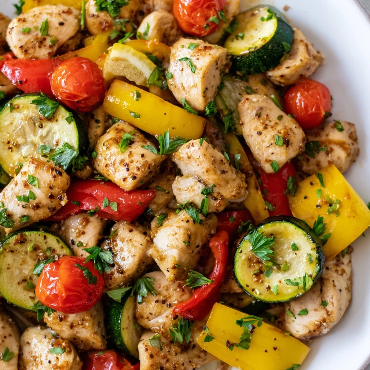 Golden quick flavorful one pan dish with juicy chicken and colorful roasted vegetables
