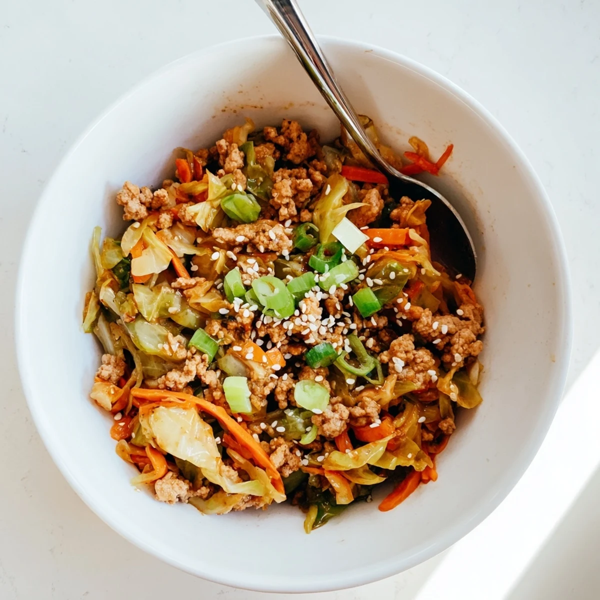 Keto egg roll in a bowl with browned pork, tender cabbage, and sesame seeds