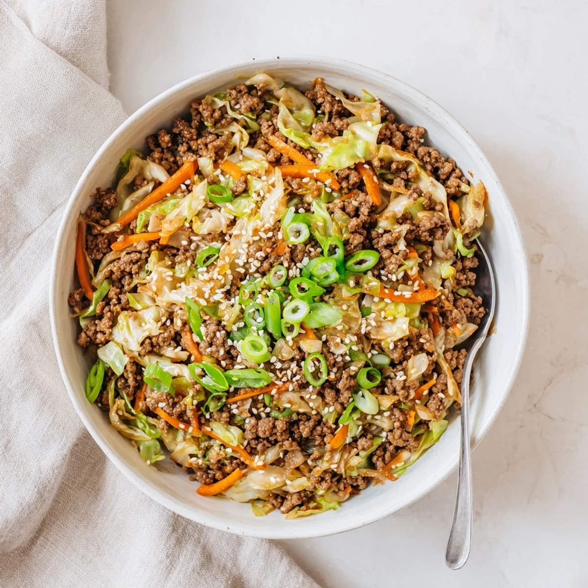 Sizzling skillet of keto egg roll in a bowl with shredded carrots and green onions