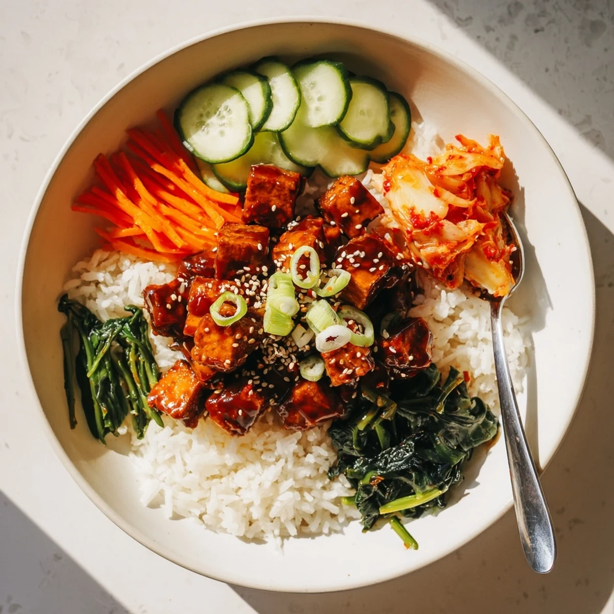 Crispy shredded tofu bulgogi bowl with sweet glazed tofu over warm white rice