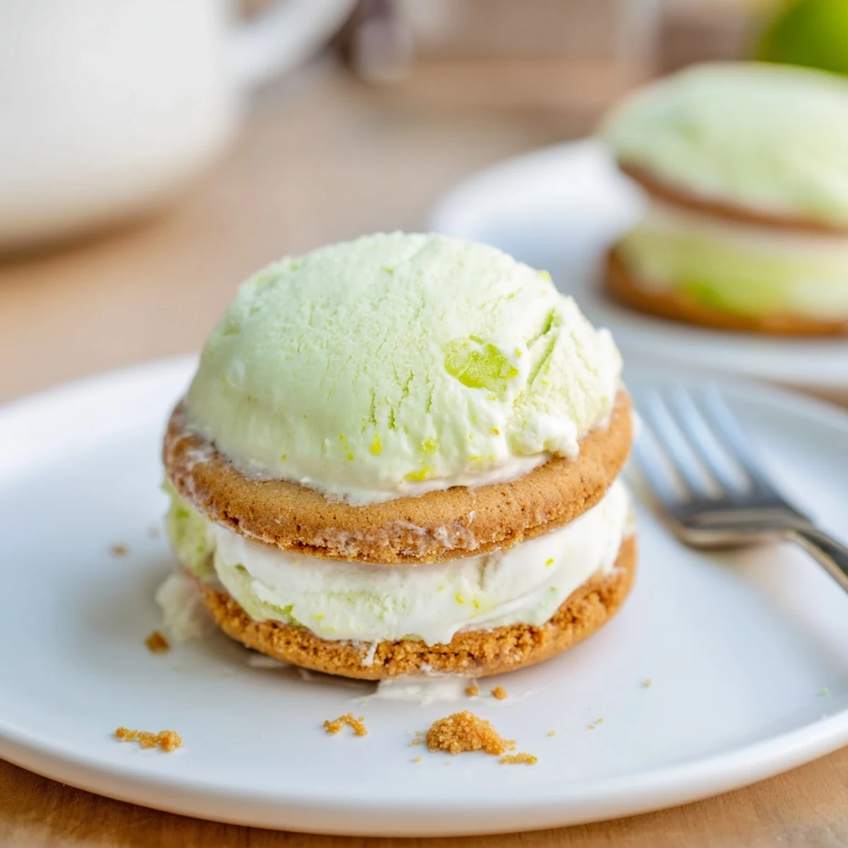 Homemade Key Lime Pie Ice Cream Sandwiches, creamy center, chilled and ready to serve