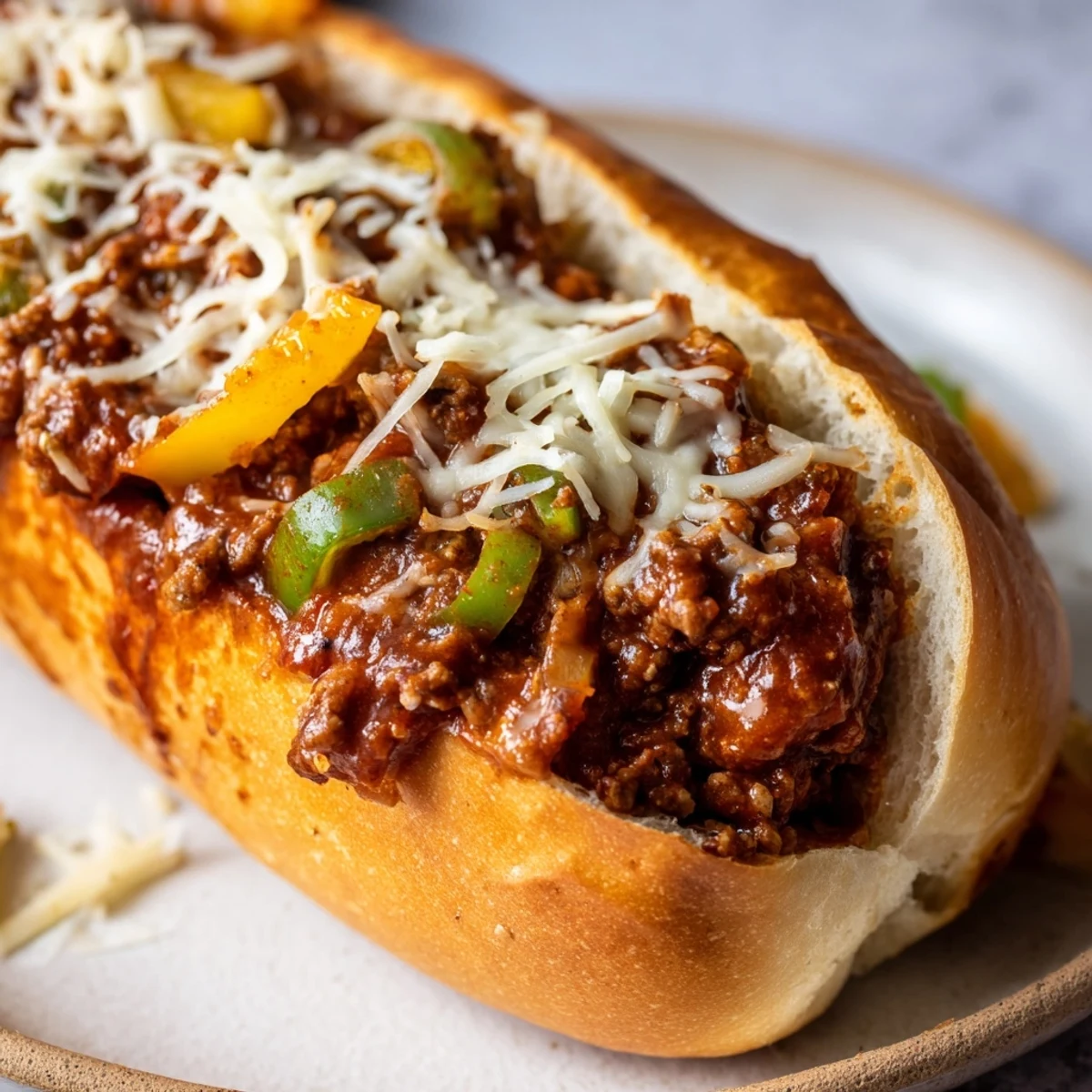 Garlic Bread Sloppy Joes piled high, melted cheese bubbling, buttery garlic aroma.