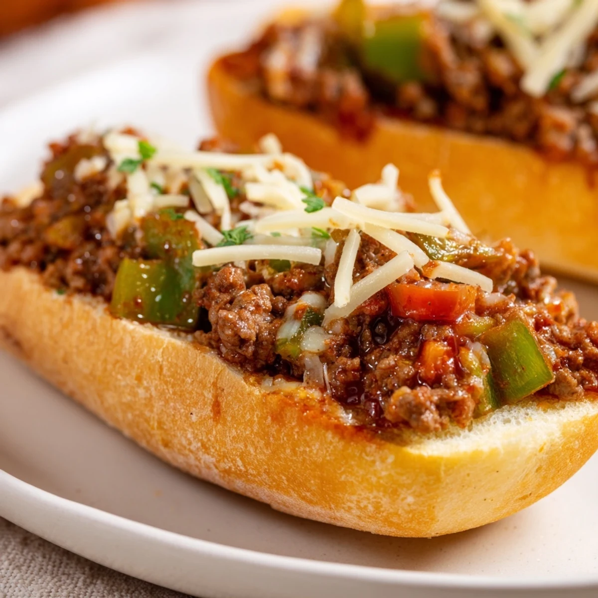 Open-faced Garlic Bread Sloppy Joes with savory beef filling and crisp crust.