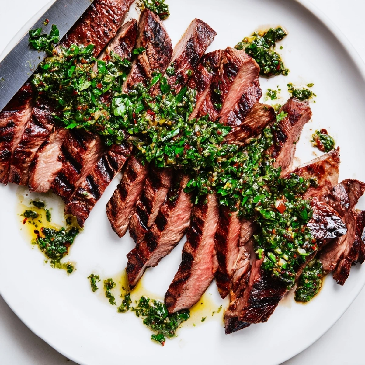 Juicy Chimichurri Steak Recipe on grill pan, smoky char and parsley