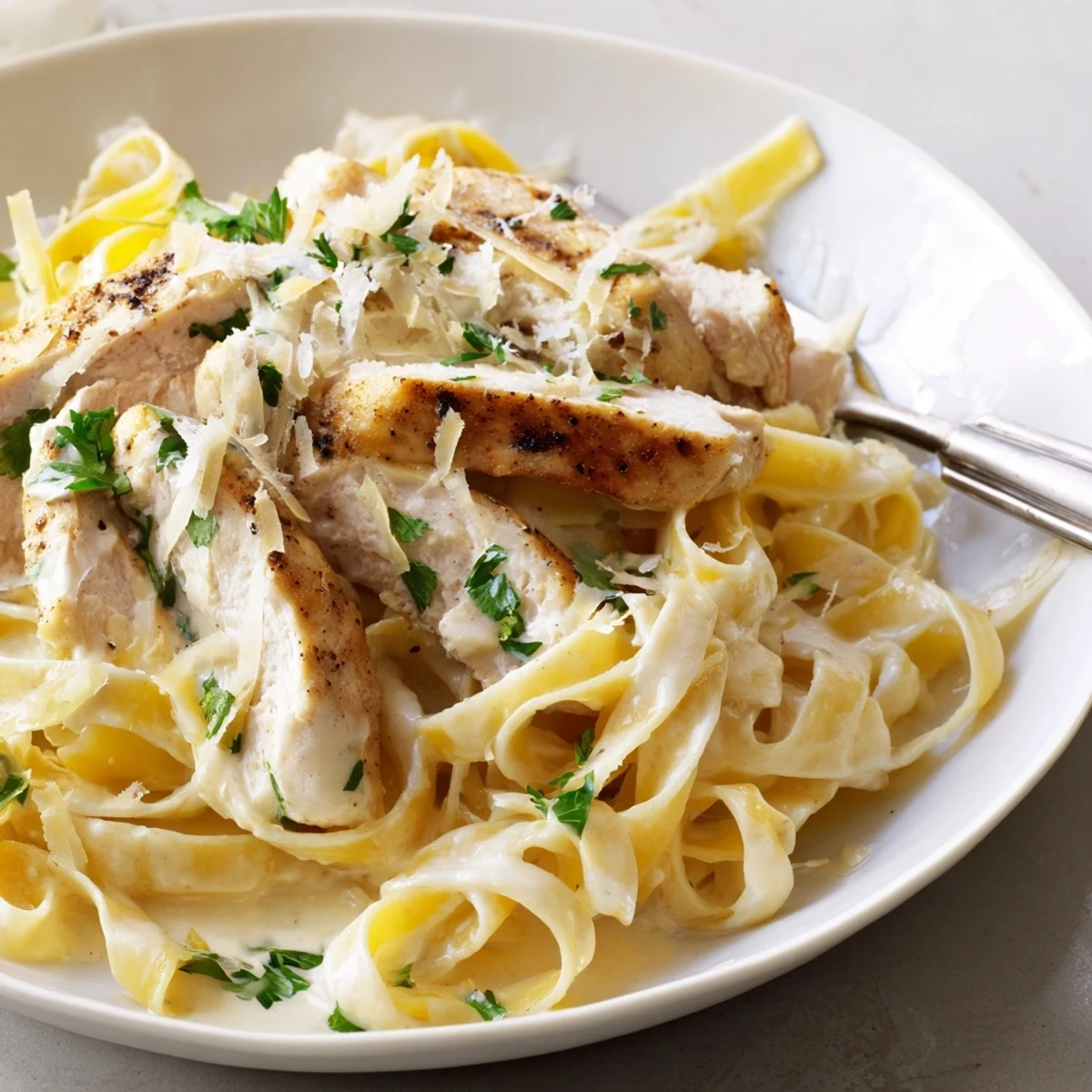 Creamy Garlic Chicken Pasta with sliced tender chicken, silky sauce, parsley garnish.